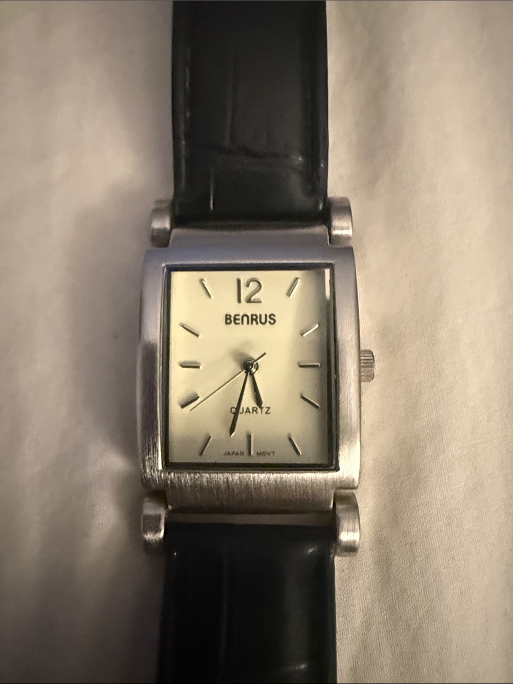 Benrus Quartz Analog Rectangle Stainless Steel Silver Black Leather White Dial